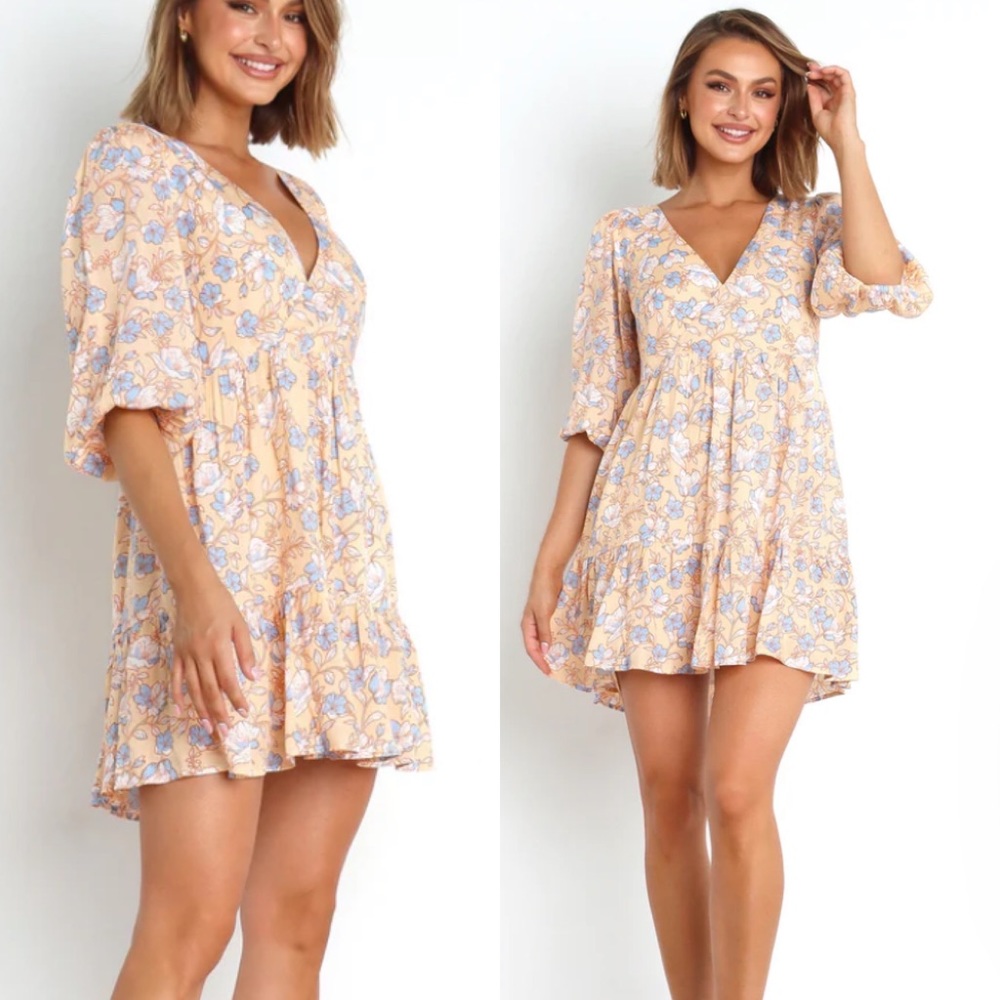 Petal & Pup Floral Mini Dress in Peach and Blue